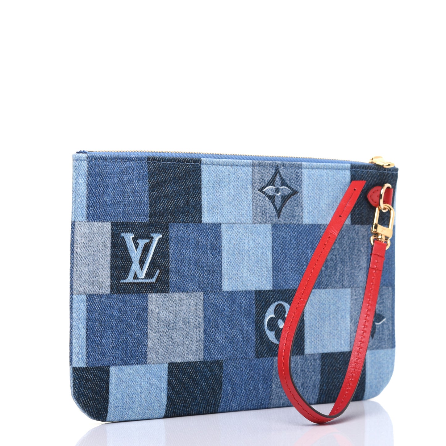 Denim Damier Monogram Patchwork Neverfull MM Pochette Blue Rouge