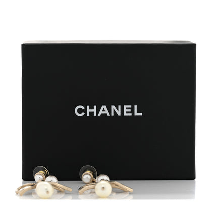 Chanel Pearl Crystal CC Bow Long Drop Earrings Gold Pearly White 6 of 6