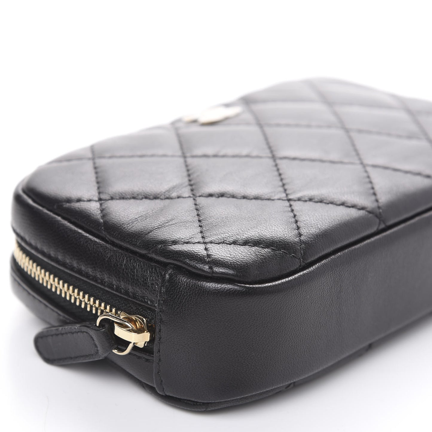 Lambskin Quilted Small Curvy Pouch Cosmetic Case Black