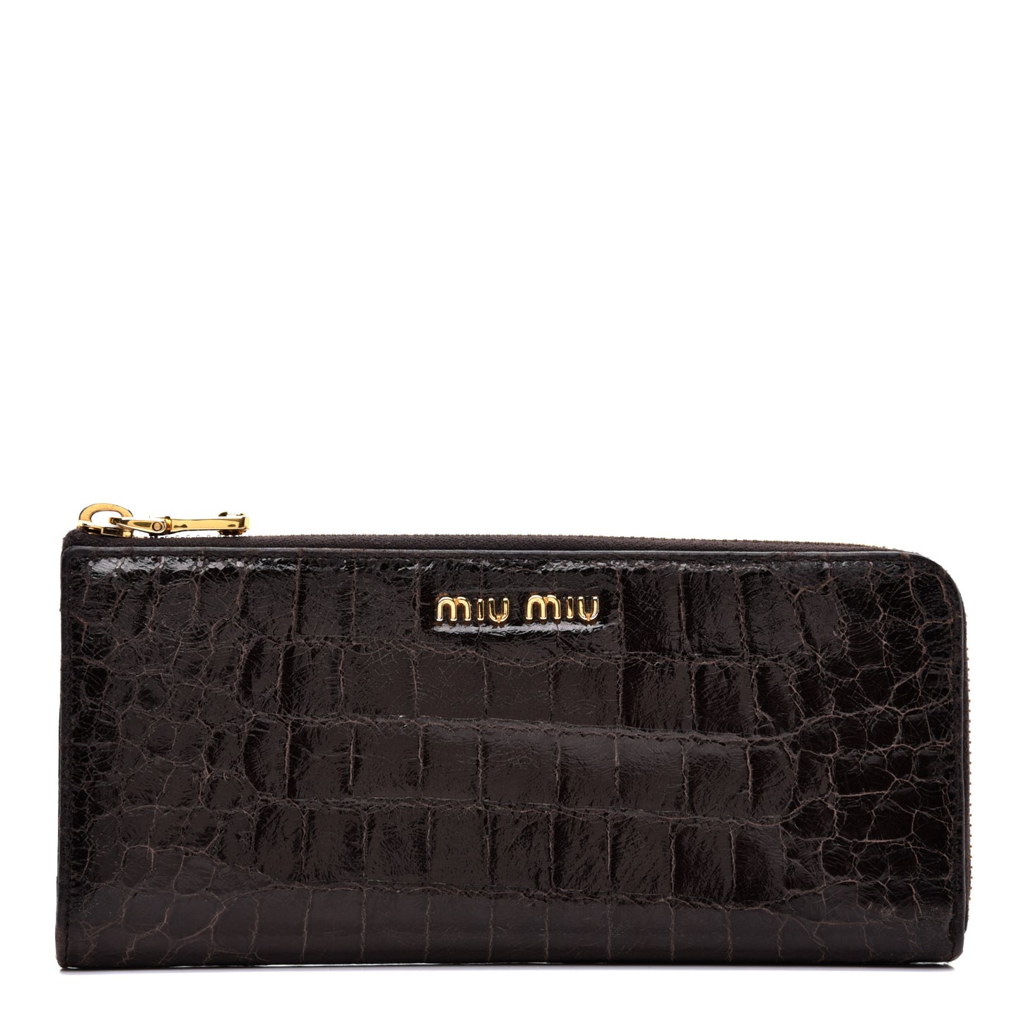 Calfskin Crocodile Embossed Calfskin Zip Around Wallet Dark Brown