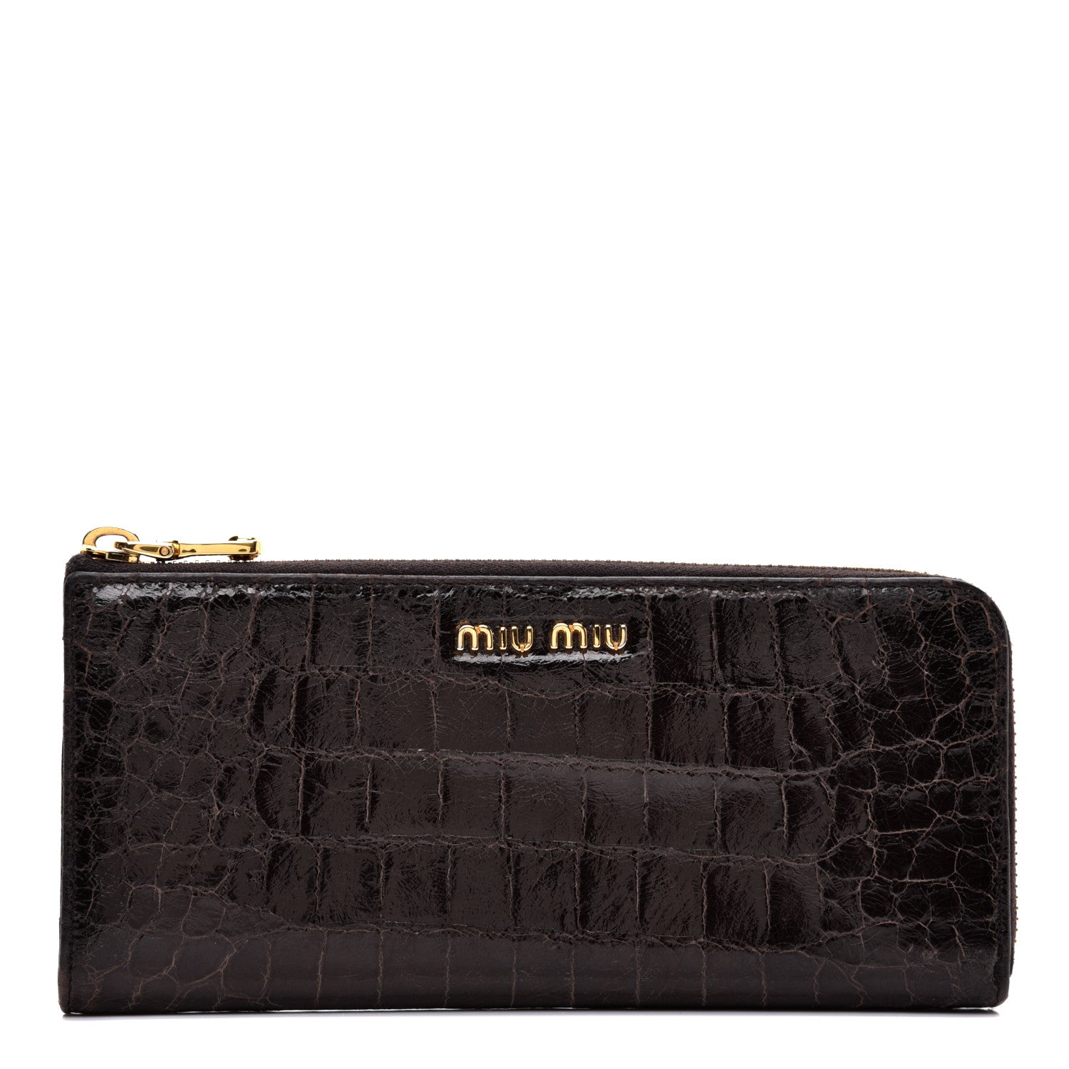 Miu Miu Calfskin Crocodile Embossed Calfskin Zip Around Wallet Dark Brown 1 of 6