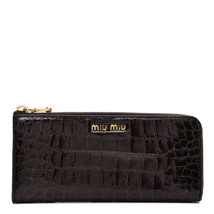 Miu Miu Calfskin Crocodile Embossed Calfskin Zip Around Wallet Dark Brown 1 of 6