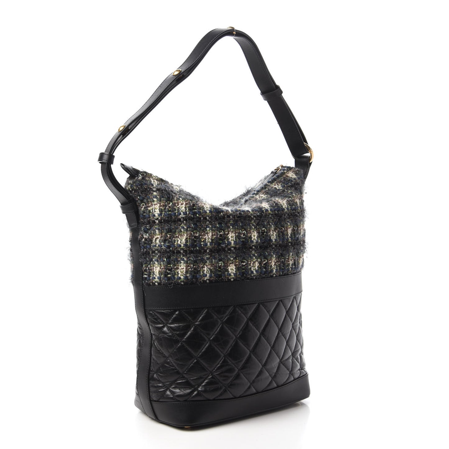Tweed Aged Calfskin Quilted Casual Style Hobo Black