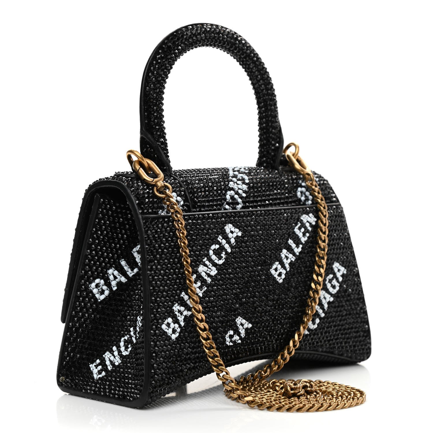 Balenciaga Strass Suede Allover Logo Hourglass Top Handle Bag XS with Chain Black White 3 of 10