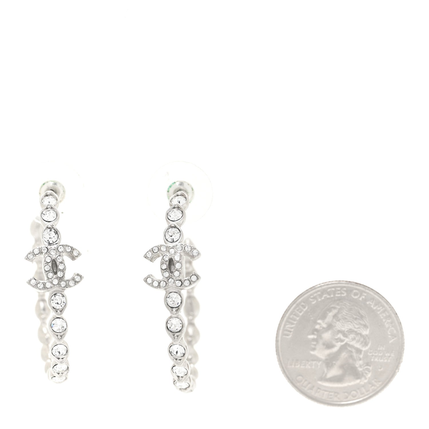 Chanel Metal Crystal CC Hoop Earrings Silver 2 of 5