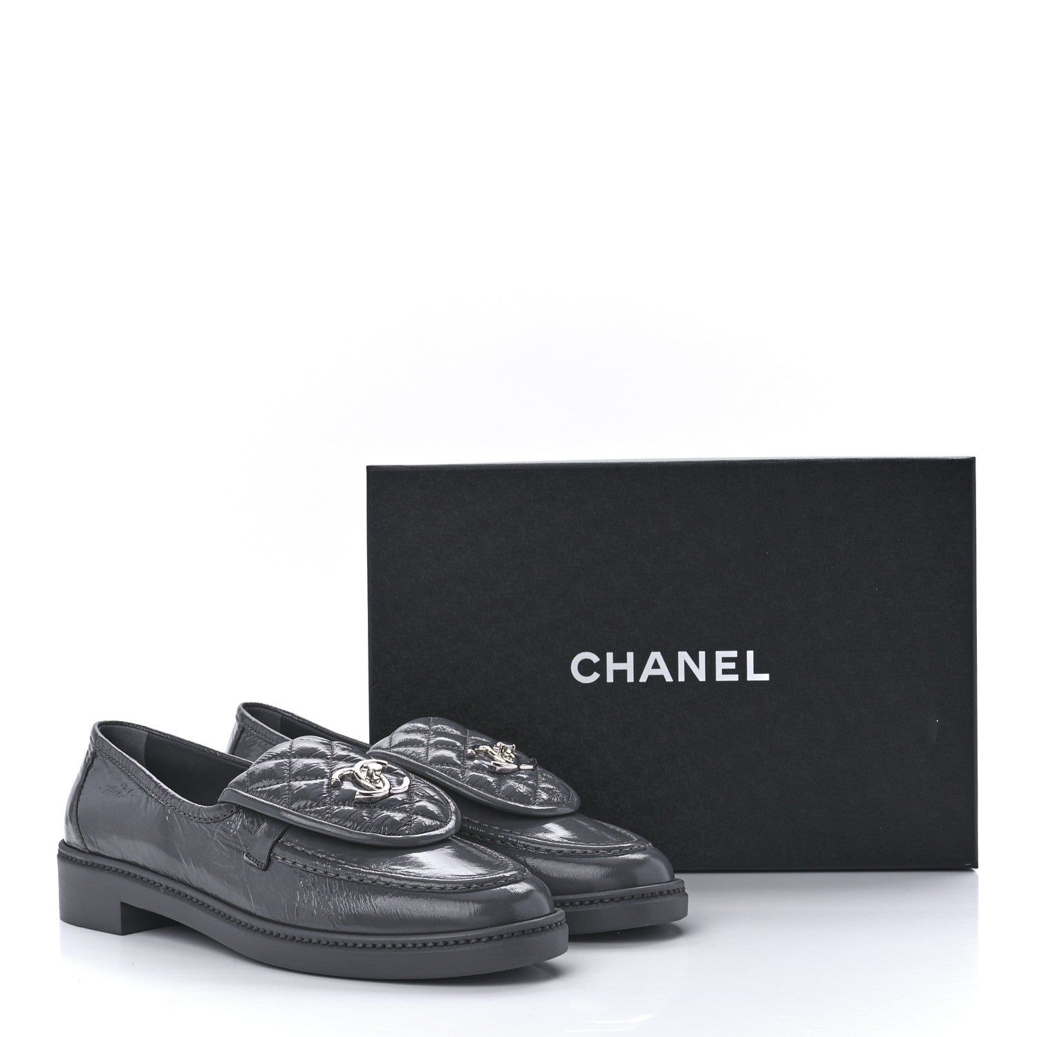 Chanel Crumpled Shiny Lambskin Quilted CC Turnlock Loafers 40.5 Dark Grey 10 of 10