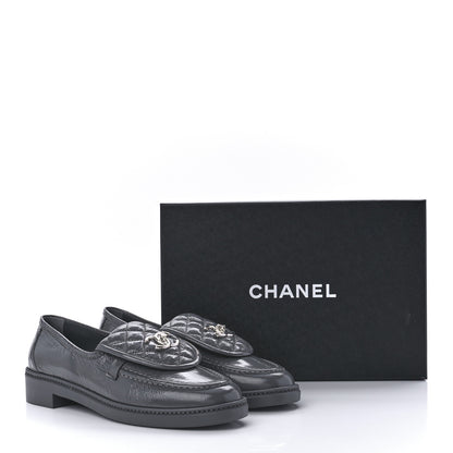 Chanel Crumpled Shiny Lambskin Quilted CC Turnlock Loafers 40.5 Dark Grey 10 of 10