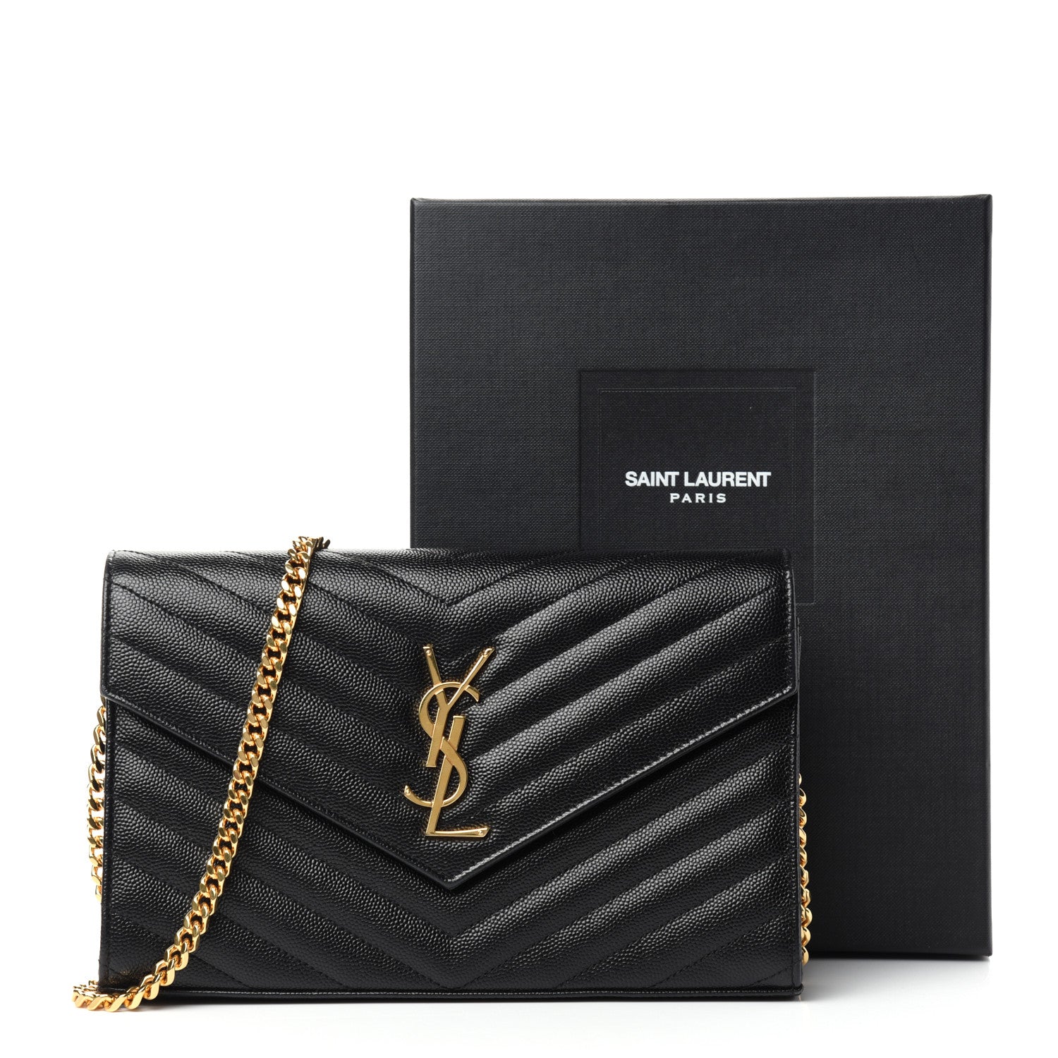 Saint Laurent Grain De Poudre Matelasse Chevron Monogram Chain Wallet Black 11 of 11