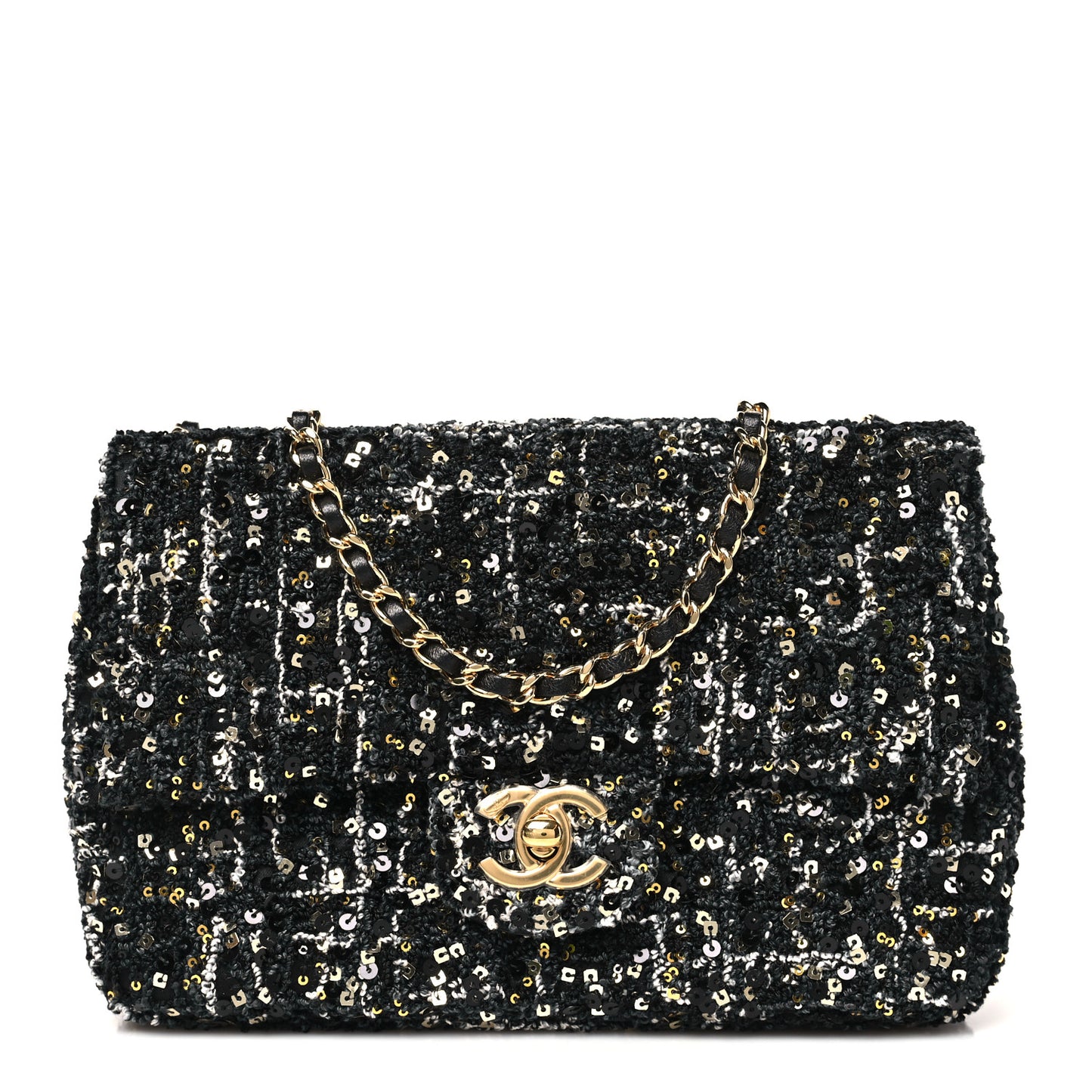 Tweed Sequin Small Single Flap Black Silvery Golden