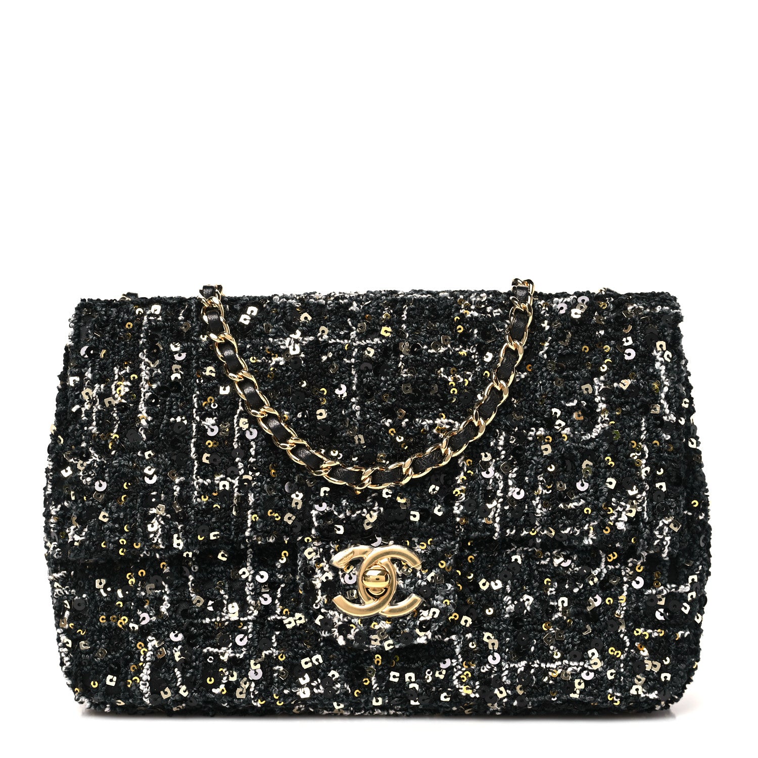 Chanel Tweed Sequin Small Single Flap Black Silvery Golden 1 of 11