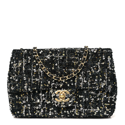 Chanel Tweed Sequin Small Single Flap Black Silvery Golden 1 of 11