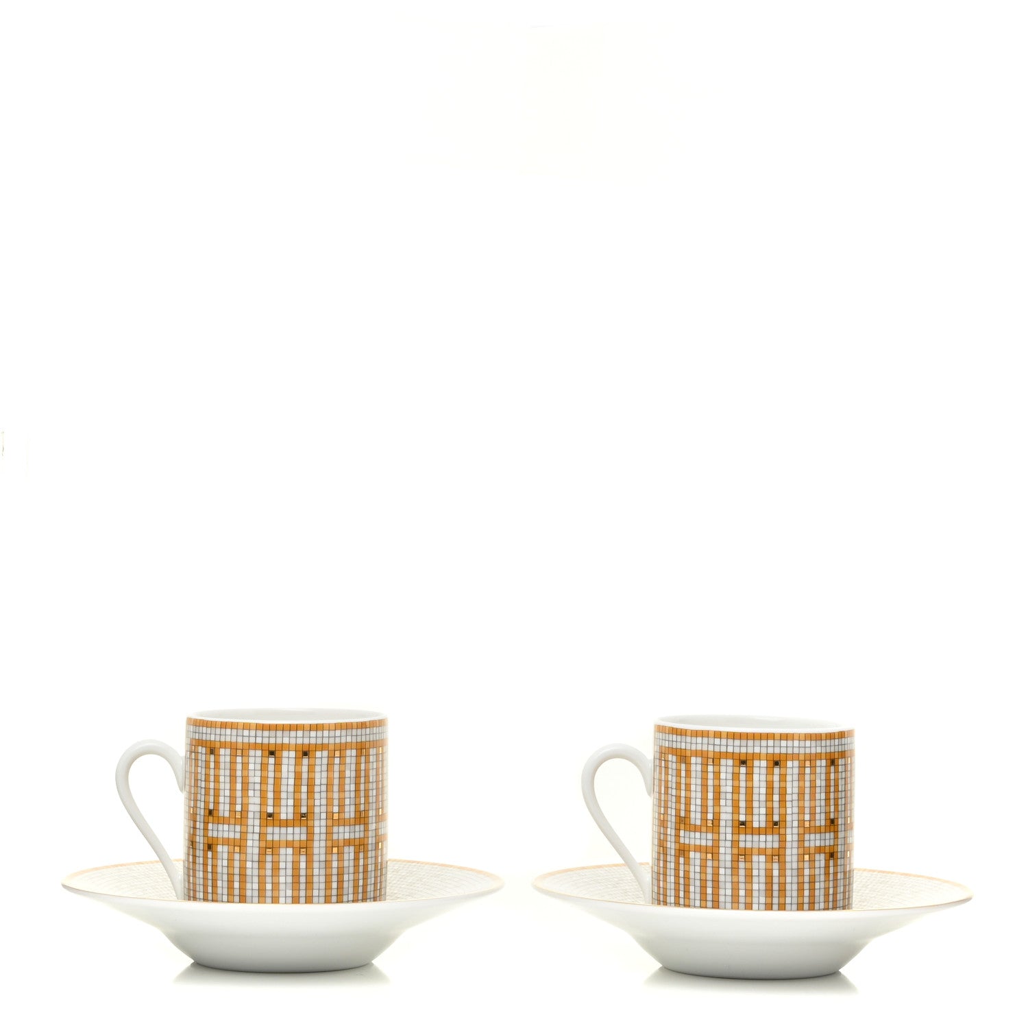 Hermes Porcelain Mosaique Au 24 Gold Coffee Cup and Saucer Set of 2 3 of 10
