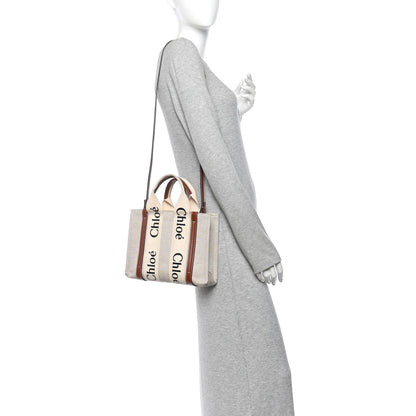 Chloe Cotton Calfskin Small Woody Ribbon Tote With Strap White Brown 2 of 10
