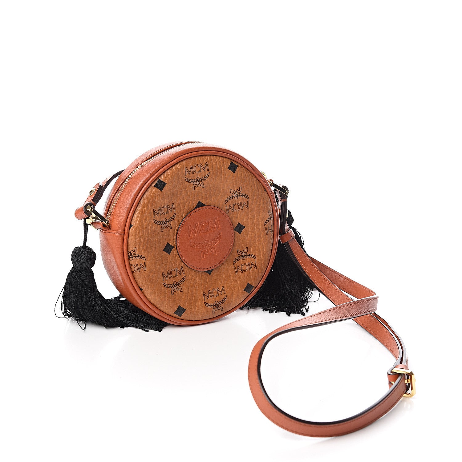 MCM Visetos Small Tambourine Crossbody Cognac Black 2 of 8