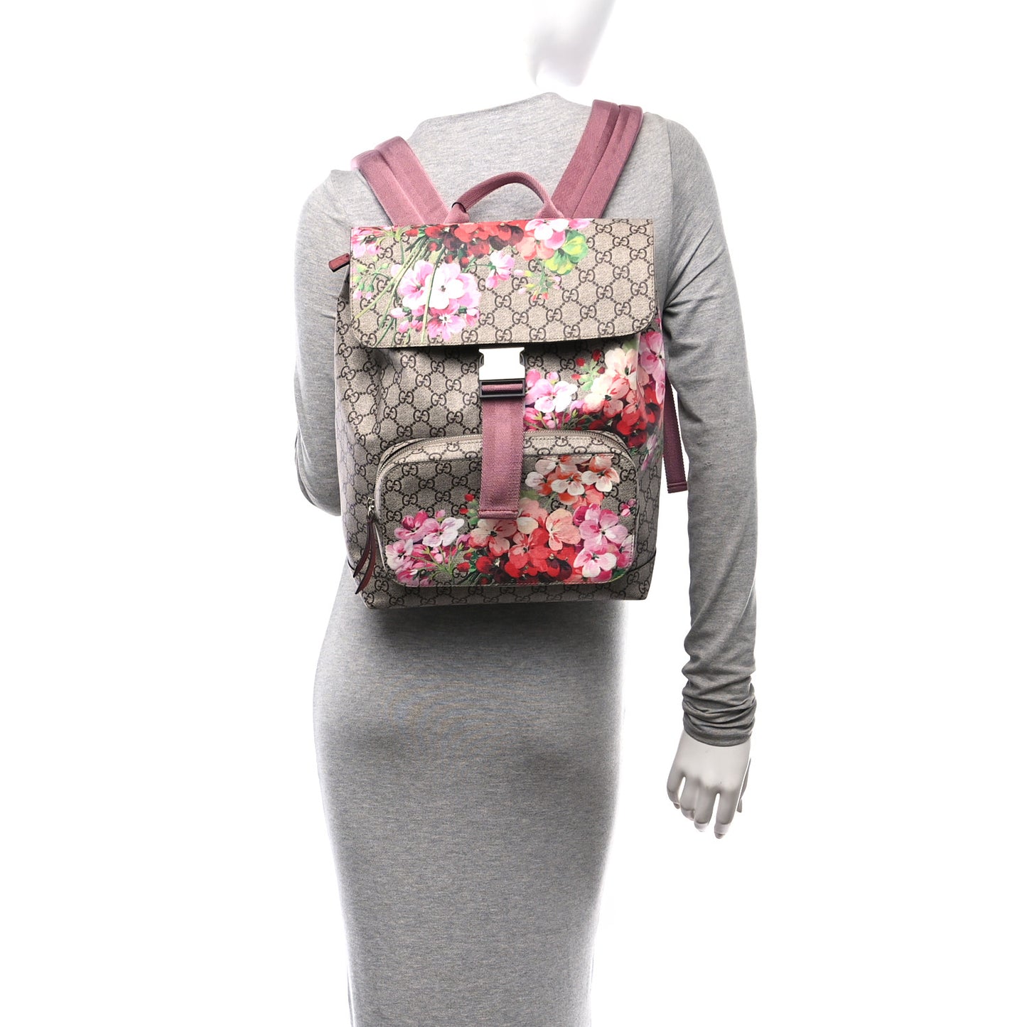 GG Supreme Monogram Blooms Medium Single Buckle Backpack Beige Multicolor Dry Rose
