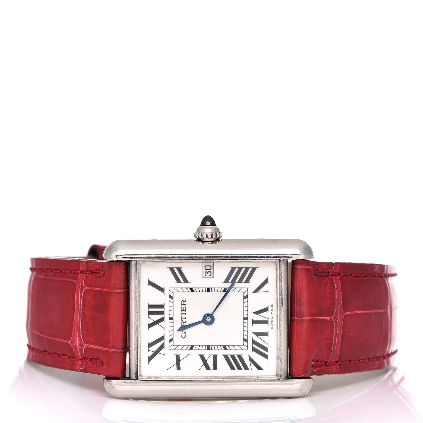 18K White Gold Alligator 26mm Tank Louis Quartz Watch Red