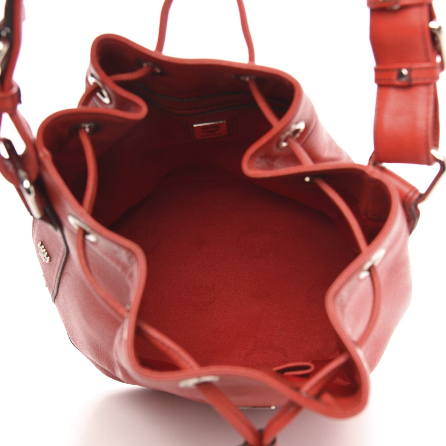 Grained Calfskin Studded Drawstring Bucket Bag Red