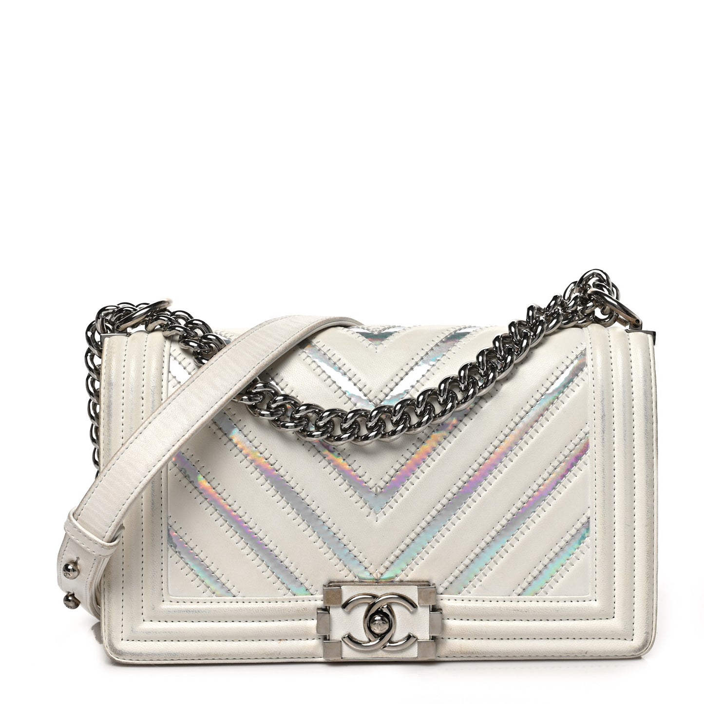 Lambskin Iridescent PVC Chevron Quilted Medium Boy Flap White Silver