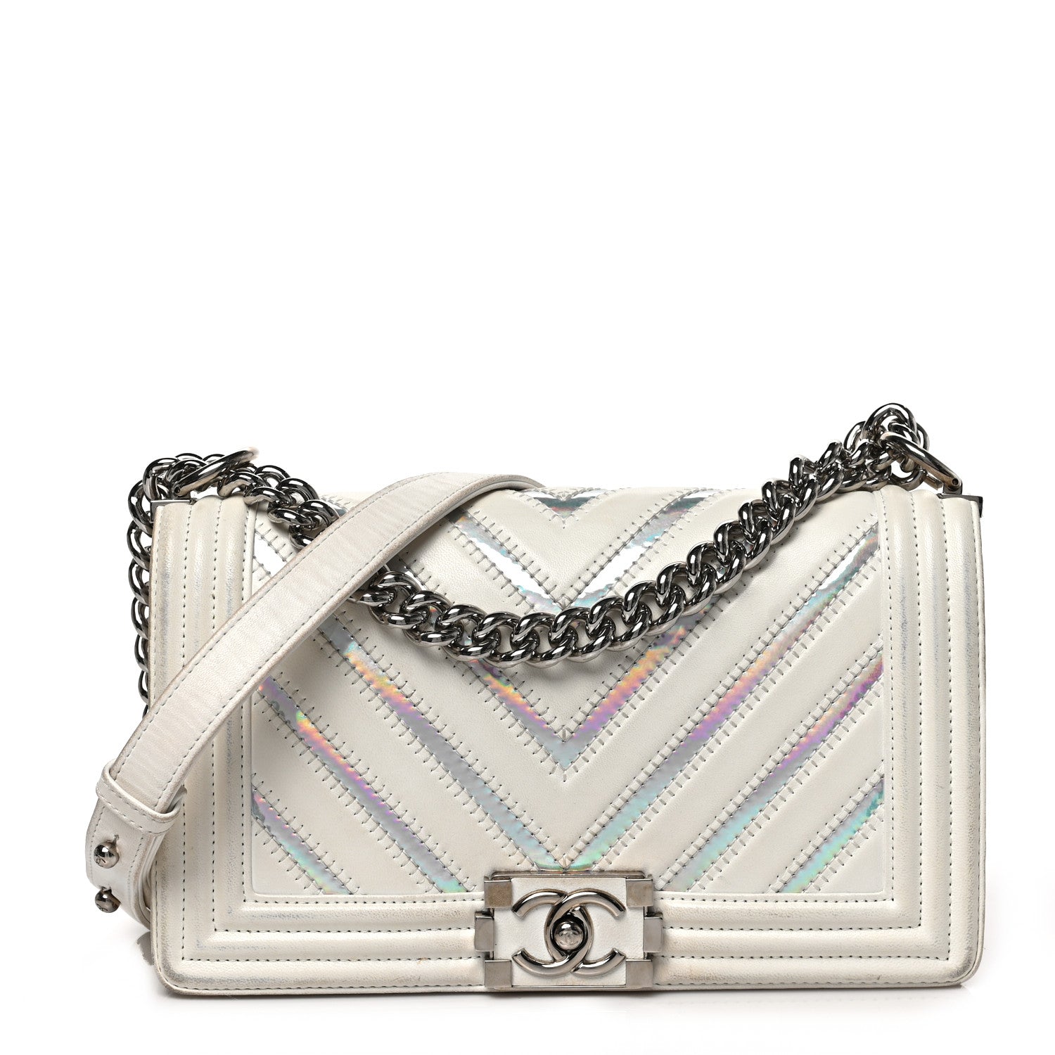 Chanel Lambskin Iridescent PVC Chevron Quilted Medium Boy Flap White Silver 1 of 10