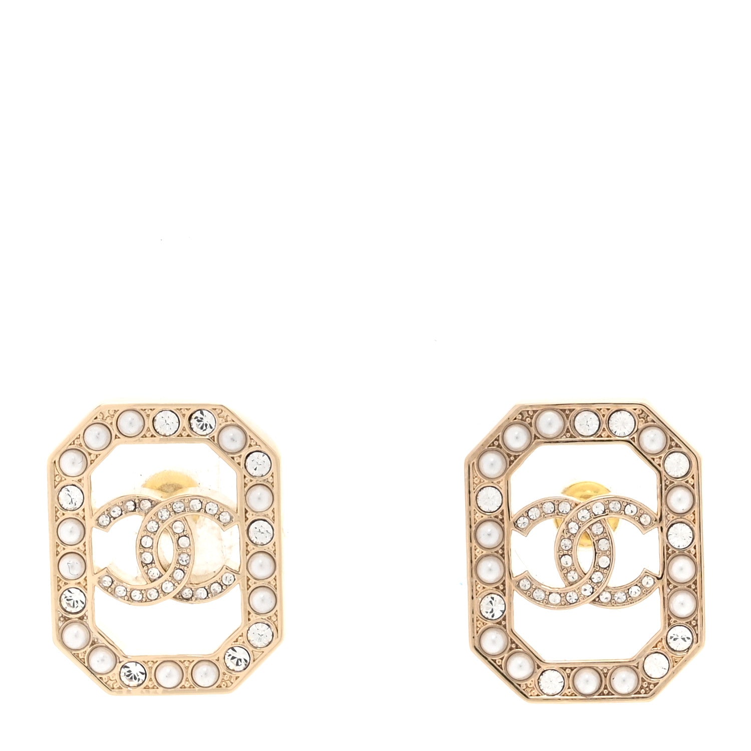 Chanel Crystal Pearl CC Geometric Earrings Gold 1 of 6