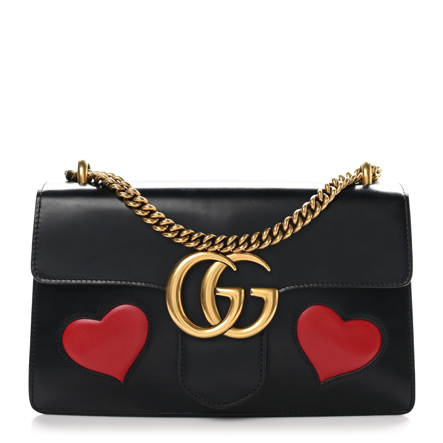 Gucci Knight Calfskin Malaga Kid Heart Medium GG Marmont Chain Handle Bag Black Hibiscus Red Multicolor 1 of 11