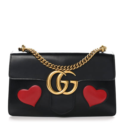 Gucci Knight Calfskin Malaga Kid Heart Medium GG Marmont Chain Handle Bag Black Hibiscus Red Multicolor 1 of 11