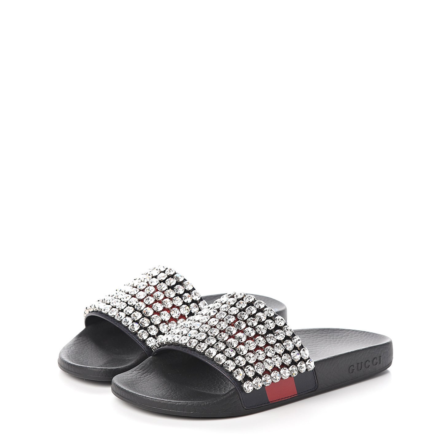 Calfskin Crystal Embellished Web Slide Sandals 37 Blue Red