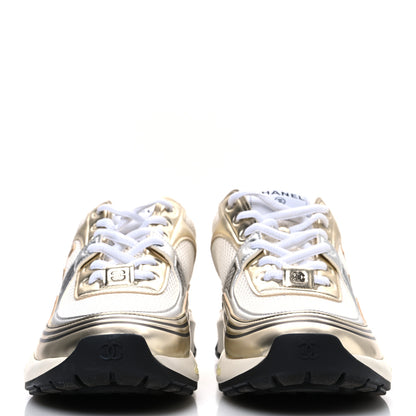 Chanel Fabric Laminated Calfskin Stretch CC Womens Sneakers 39.5 White Silver 3 of 11