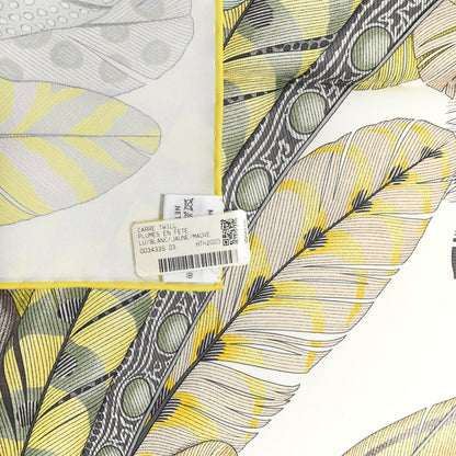 Hermes Cashmere Silk Plumes En Fete Scarf 90 Blanc Jaune Mauve 5 of 5
