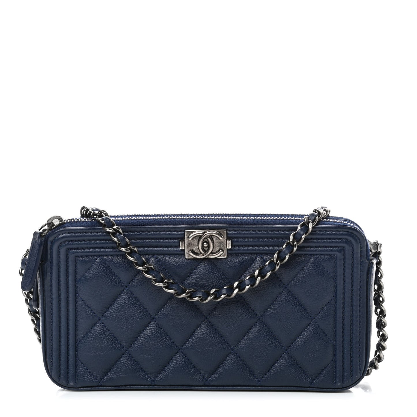 Calfskin Quilted Small Boy Clutch With Chain Navy