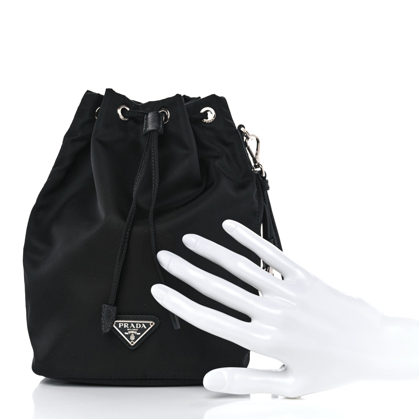 Saffiano Tessuto Nylon Vela Bucket Wristlet Black