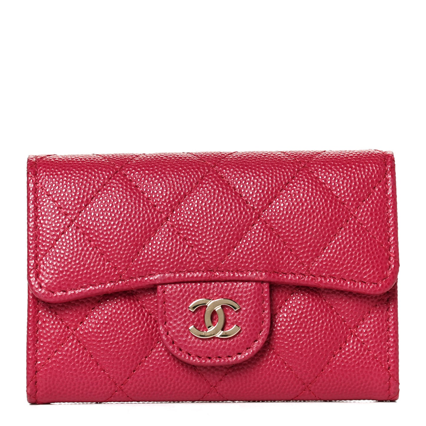 Caviar Quilted Flap Card Holder Wallet Dark Pink