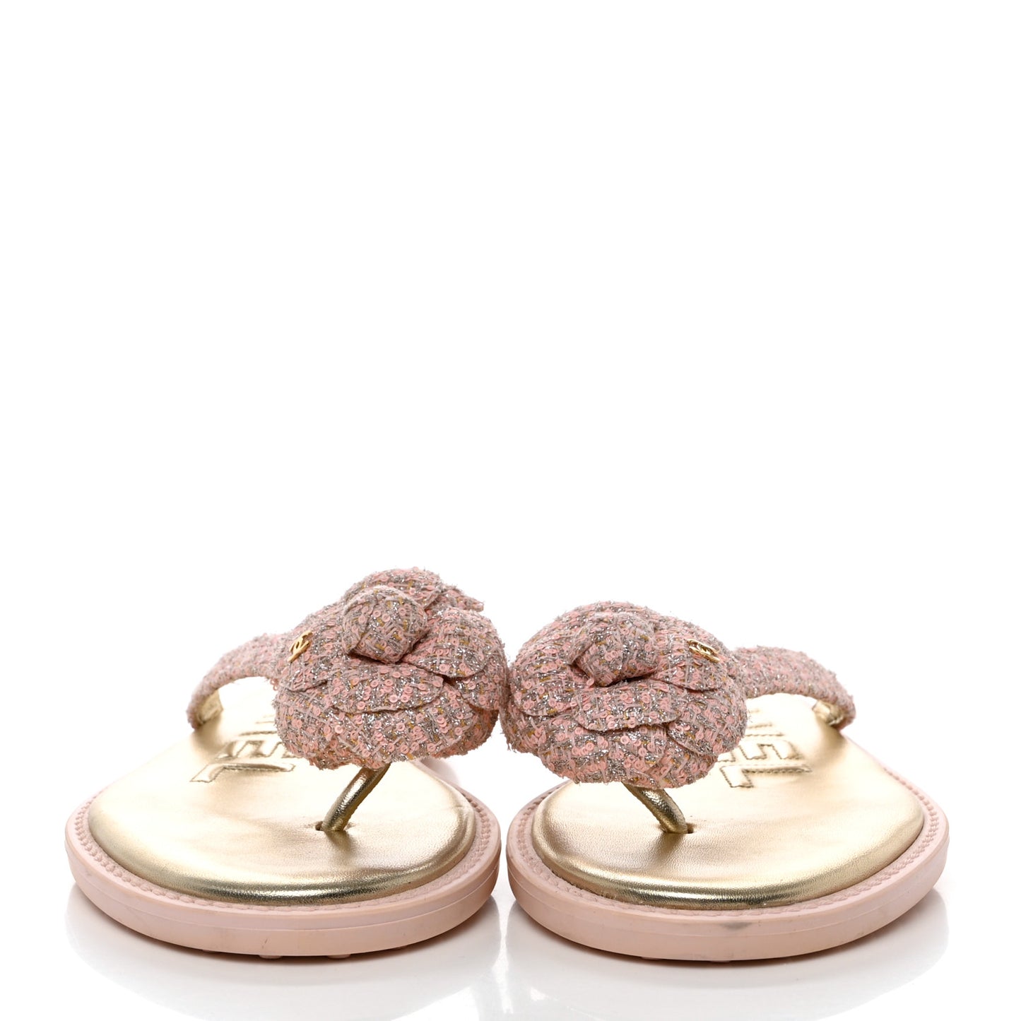 Tweed Camellia Thong Sandals 37.5 Salmon Apricot Gold