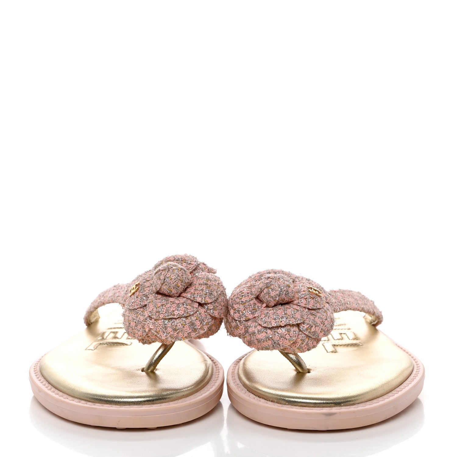 Chanel Tweed Camellia Thong Sandals 37.5 Salmon Apricot Gold 2 of 9
