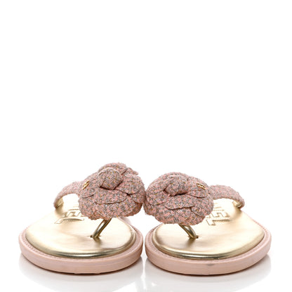 Chanel Tweed Camellia Thong Sandals 37.5 Salmon Apricot Gold 2 of 9
