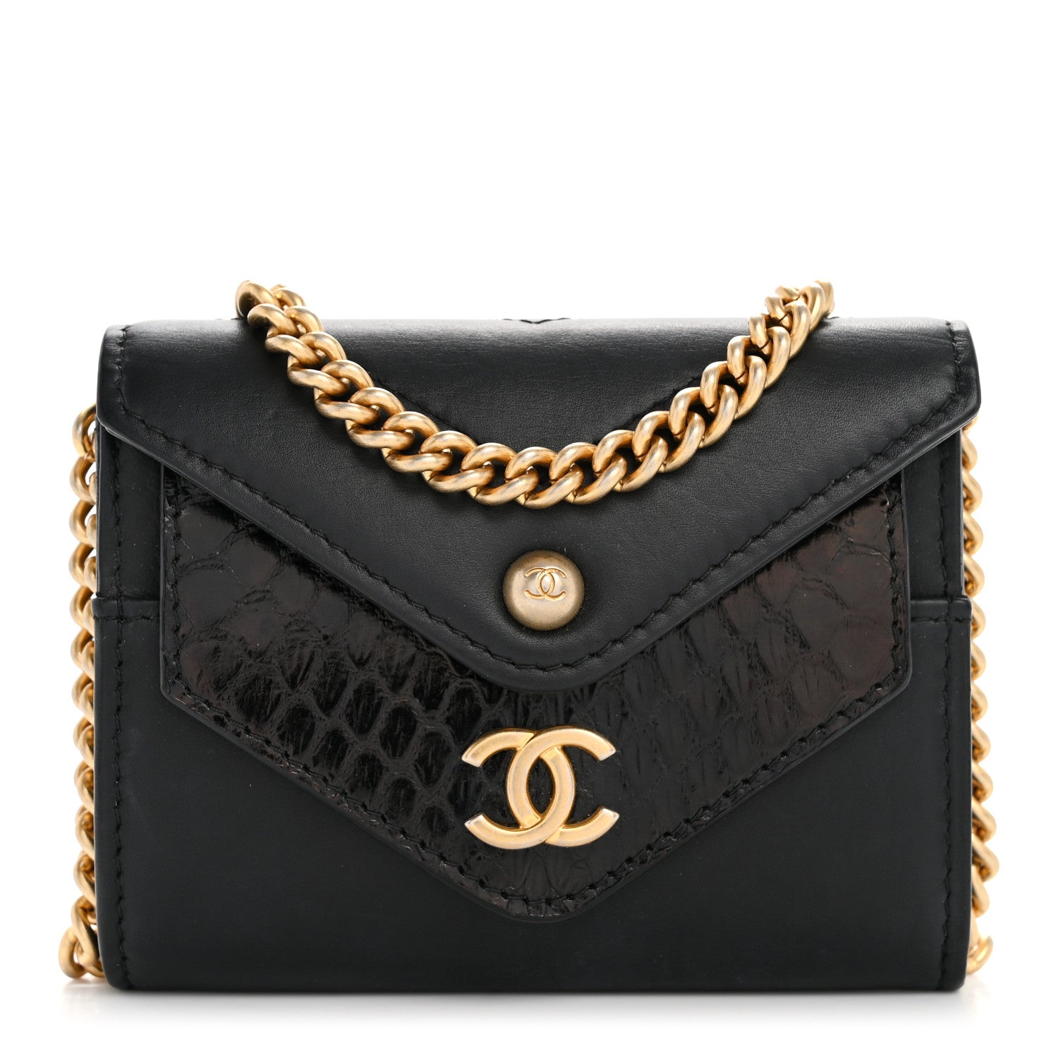 Chanel Snakeskin Calfskin Embossed Chevron Quilted CC Chain Wallet Black 1 of 11