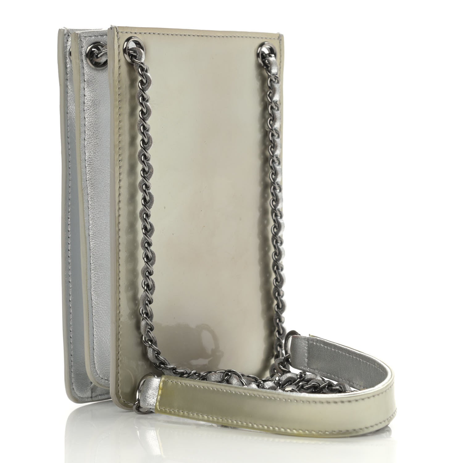Chanel Metallic Patent Crossbody CC Phone Holder Silver 3 of 12