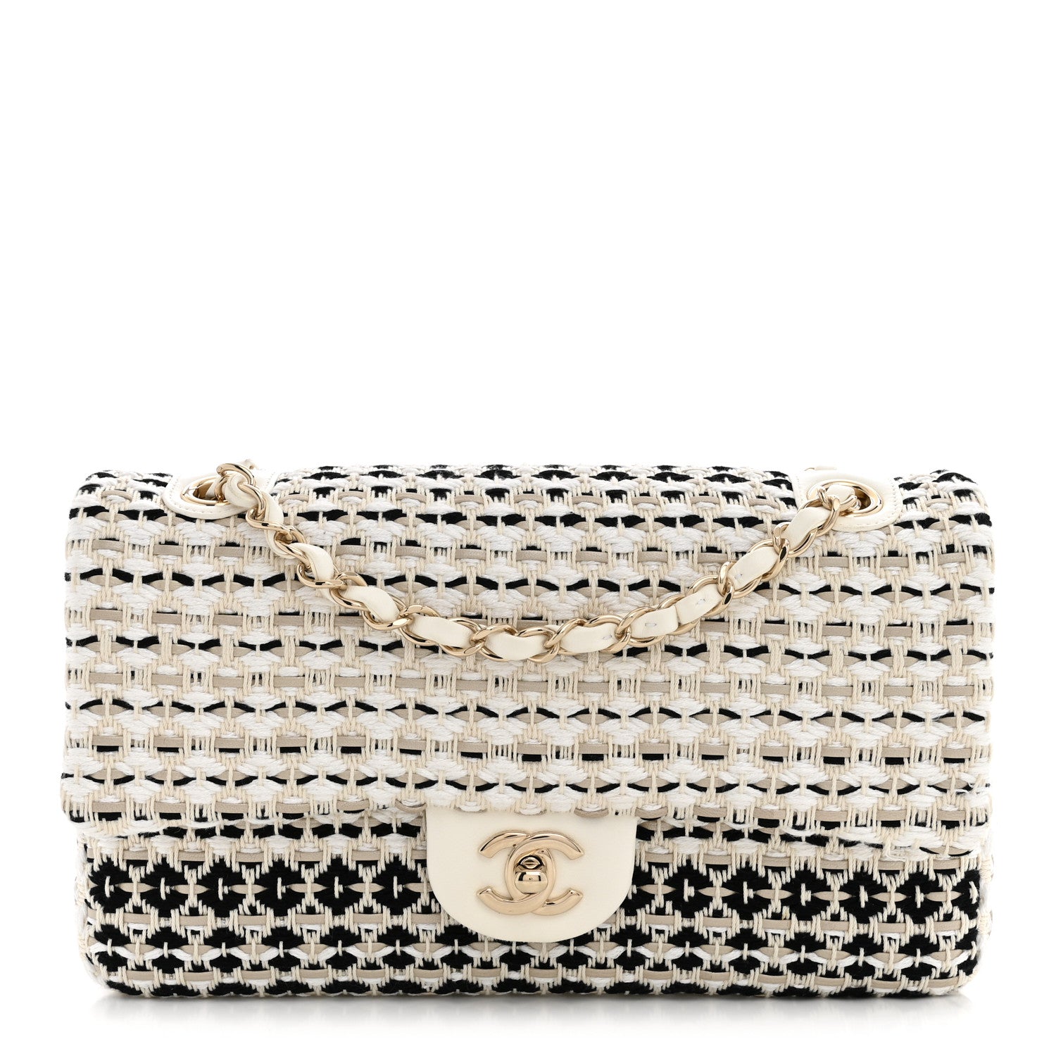 Chanel Cotton Raffia Lambskin Woven Medium Single Flap Beige Beige Black 1 of 10