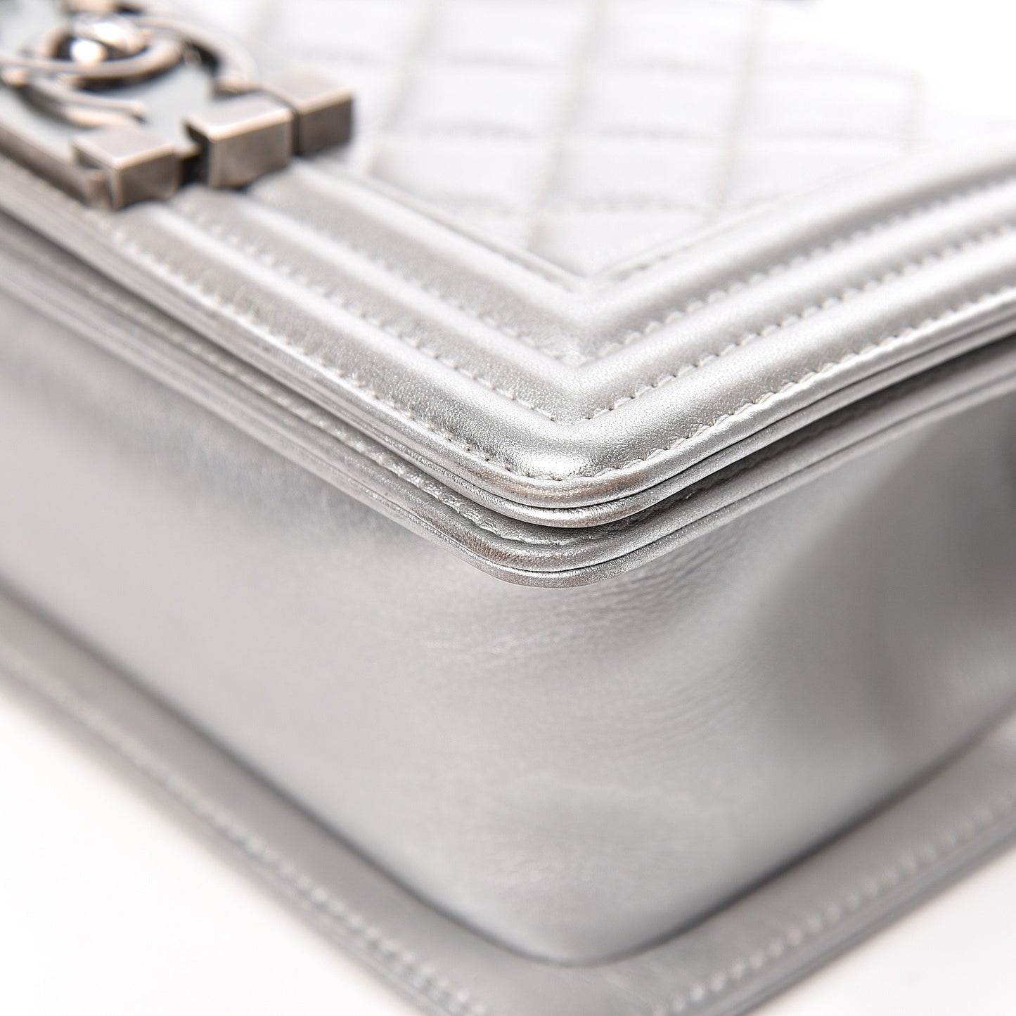 Metallic Calfskin Quilted Small Boy Flap Silver