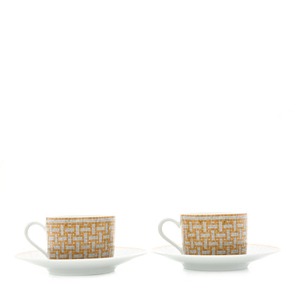 Hermes Porcelain Mosaique Au 24 Gold Tea Cup And Saucer Set Of 2 1 of 9