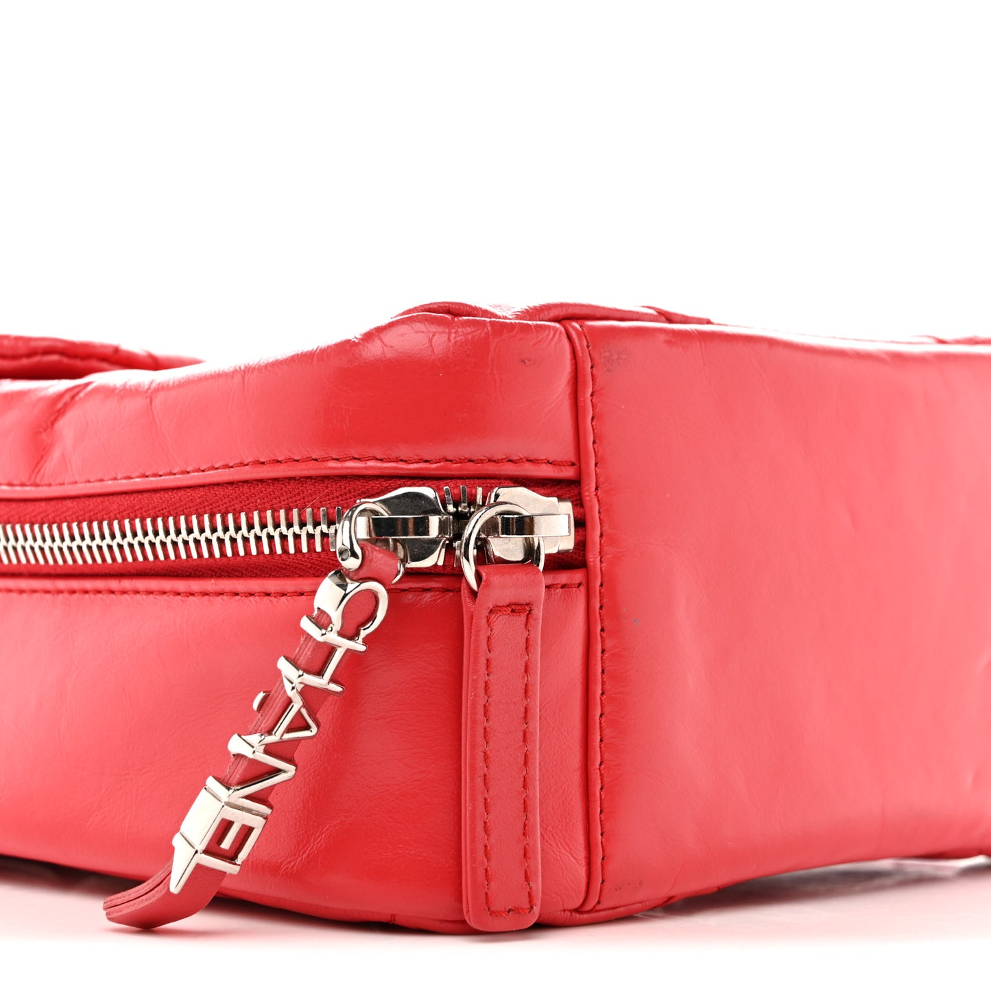 Aged Calfskin Quilted Top Handle Camera Case Red