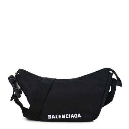 Balenciaga Recycled Sport Nylon Logo Embroidered Wheel Sling Bag Black White 1 of 8