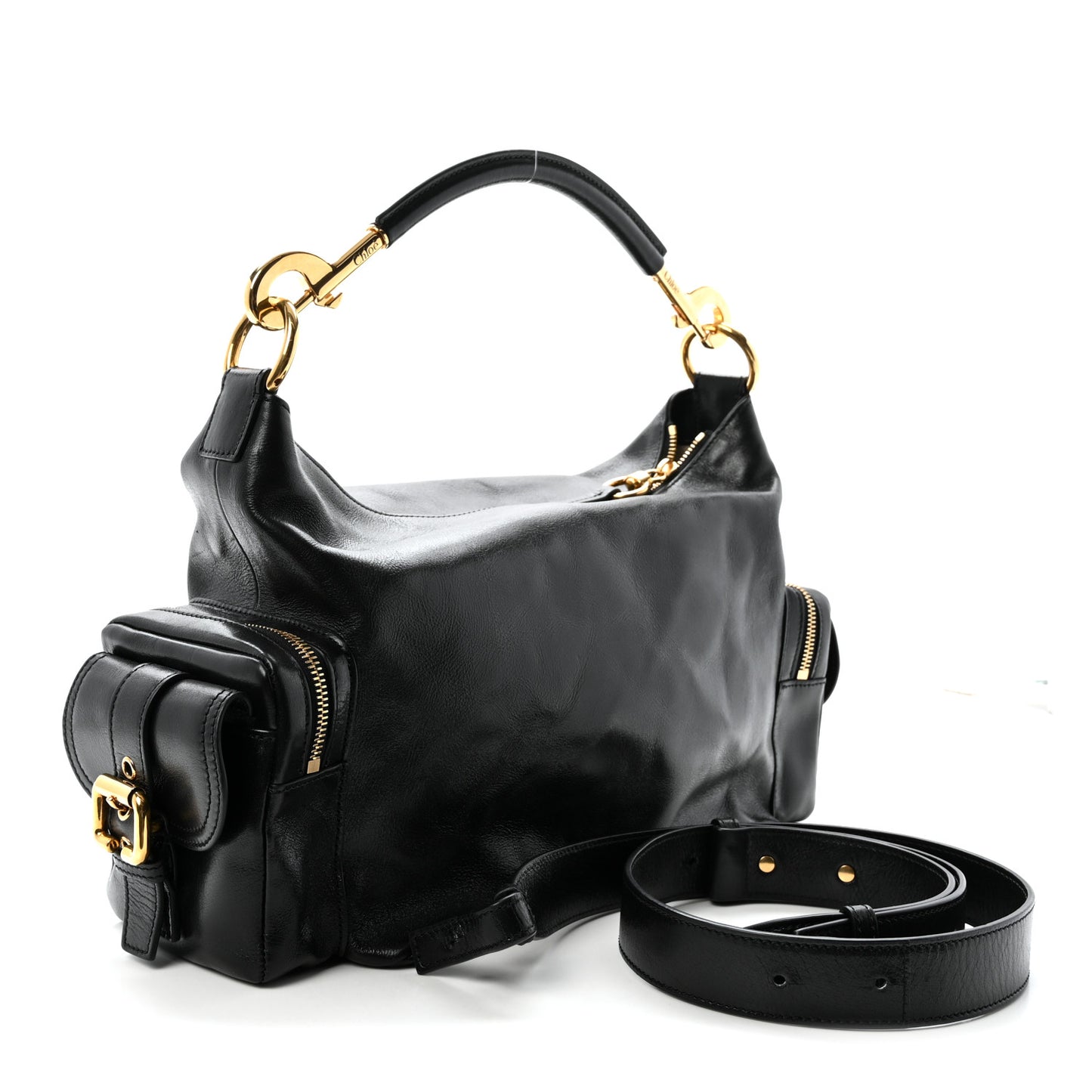 Shiny Calfskin Medium Double Carry Camera Bag Black