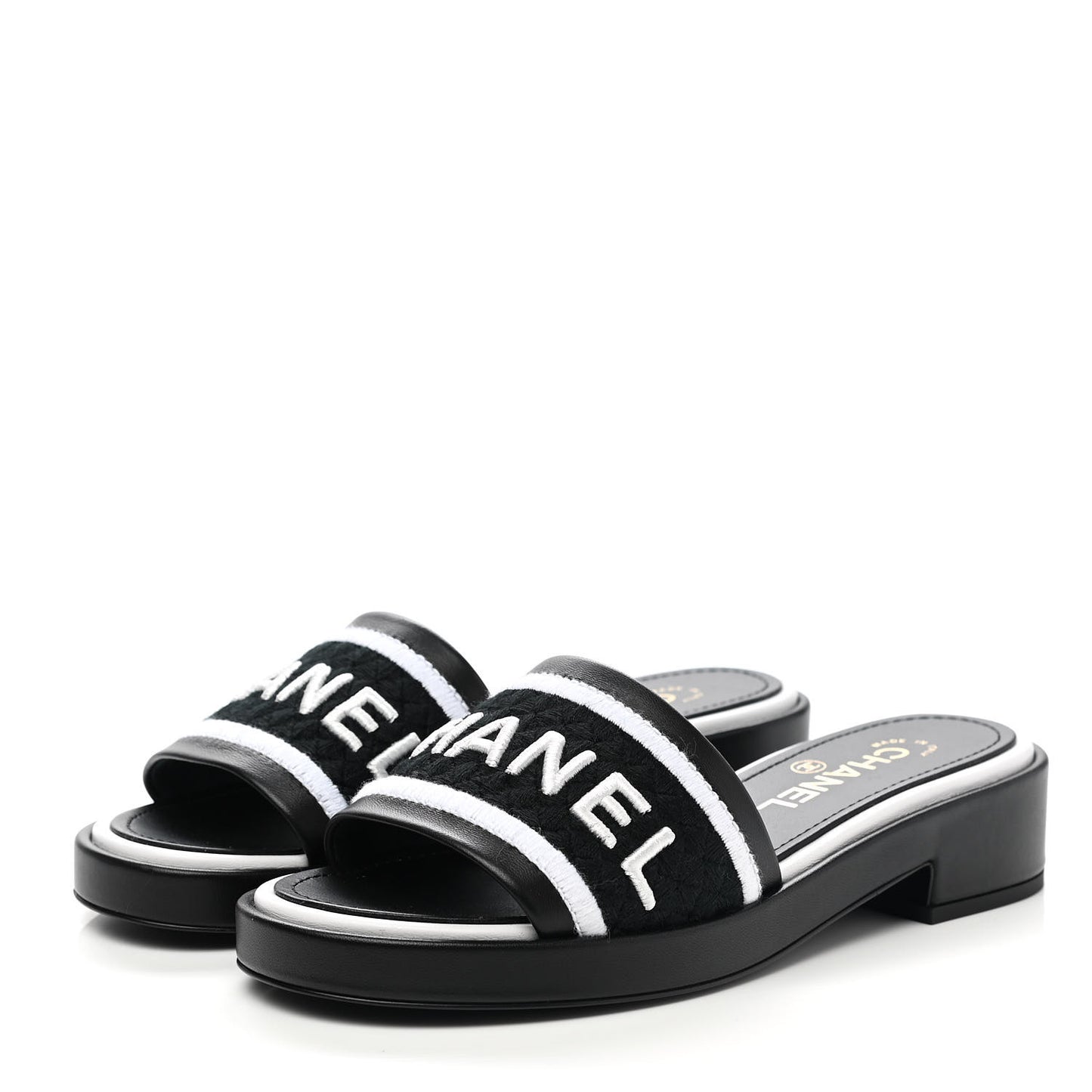Lambskin Embroidered CC Mule Sandal 36.5 Black White
