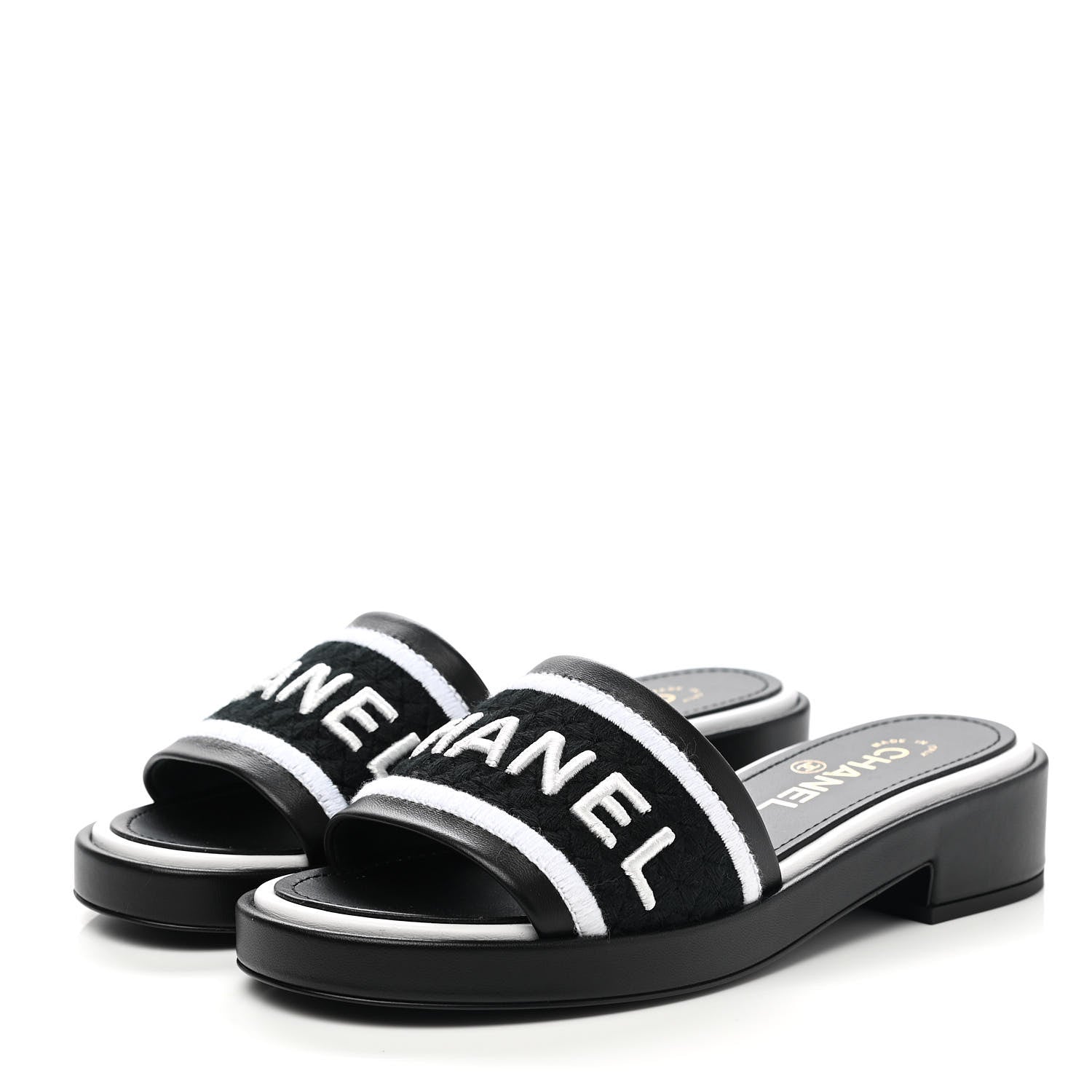 Chanel Lambskin Embroidered CC Mule Sandal 36.5 Black White 3 of 9