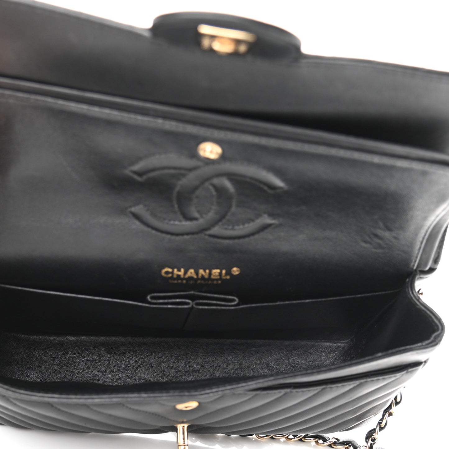 Lambskin Chevron Quilted Medium Double Flap Black