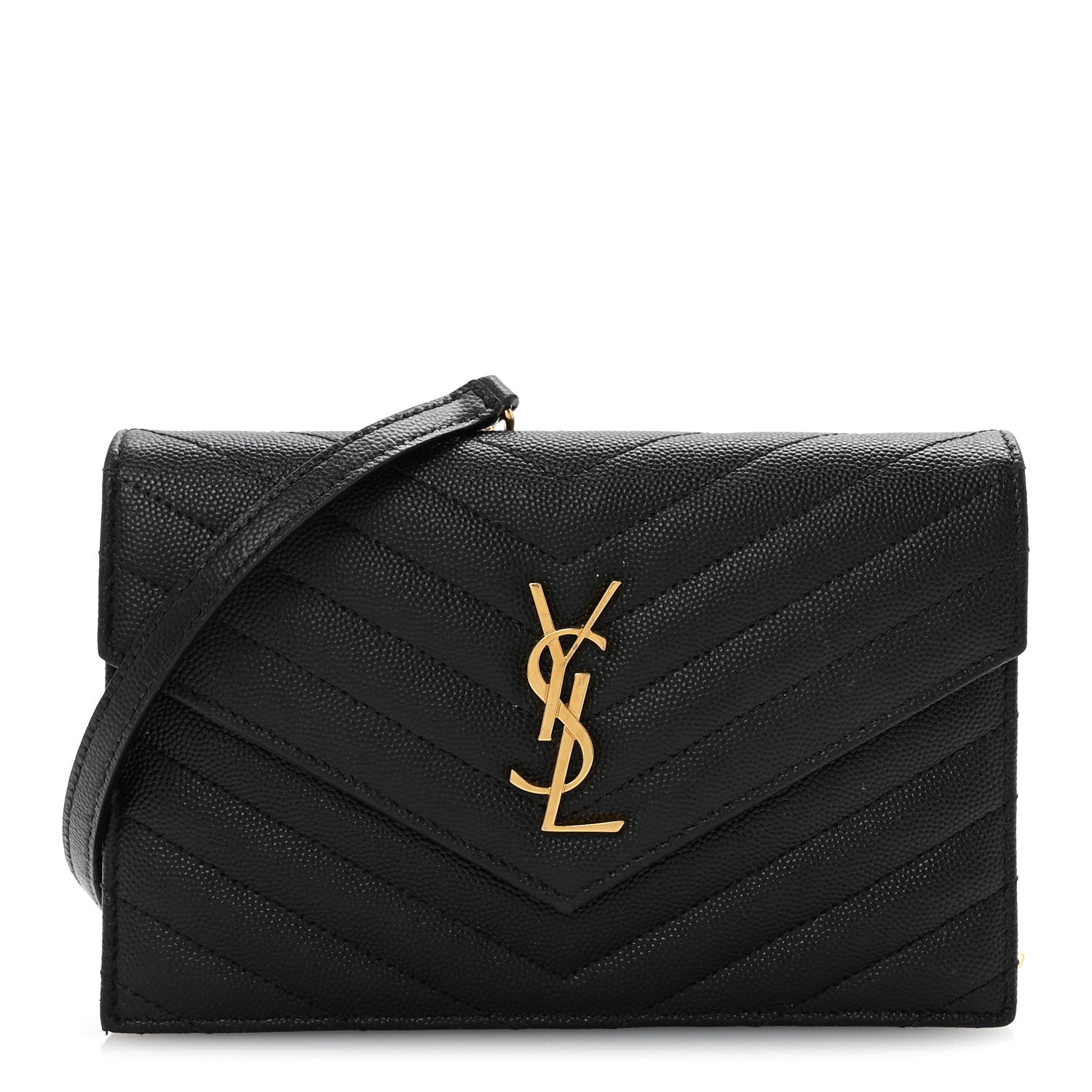 Saint Laurent Grain De Poudre Matelasse Chevron Monogram Envelope Chain Wallet Black 1 of 9