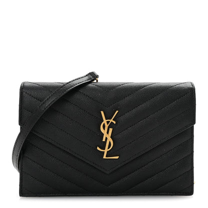 Saint Laurent Grain De Poudre Matelasse Chevron Monogram Envelope Chain Wallet Black 1 of 9