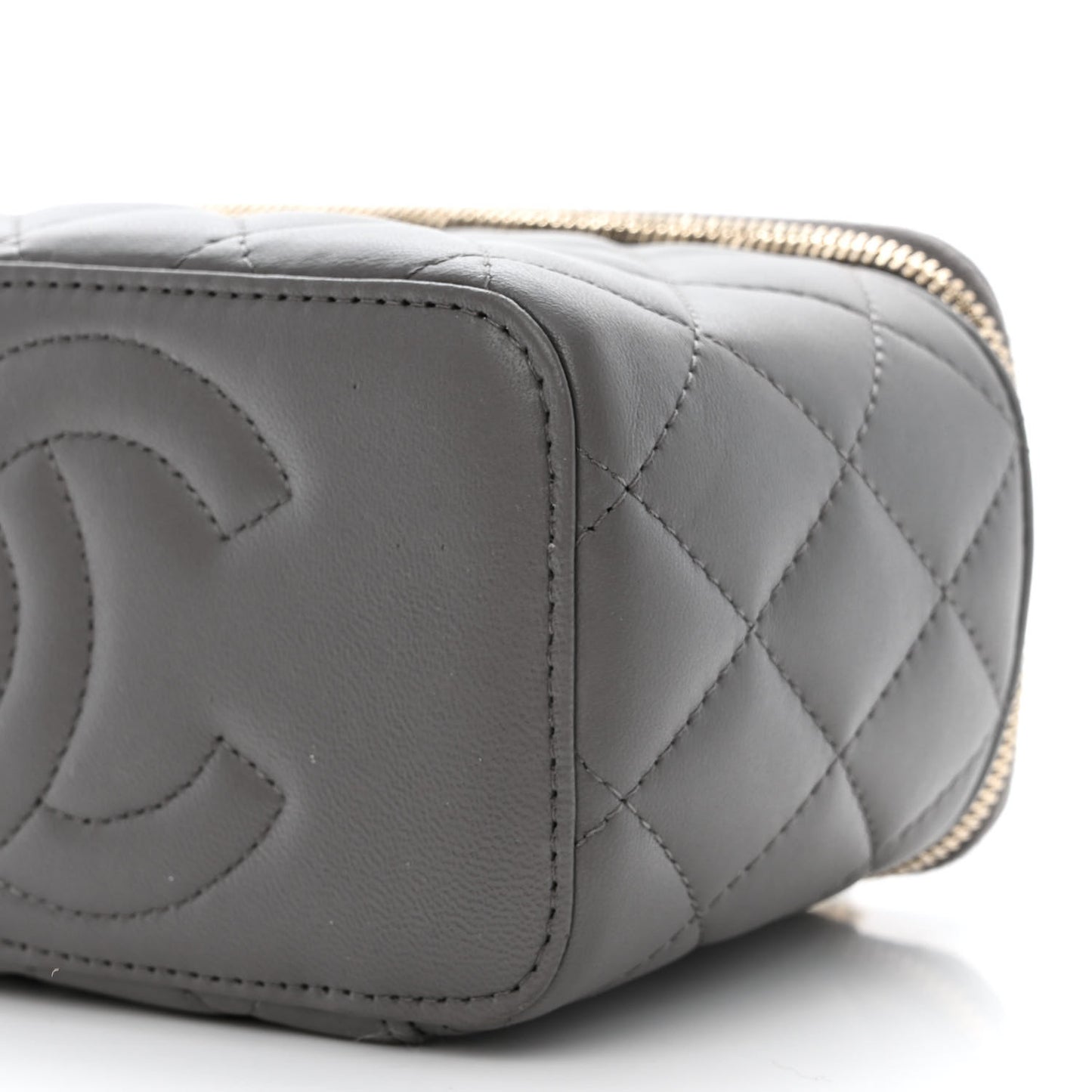 Lambskin Quilted Small Top Handle Vanity Case With Chain Dark Grey