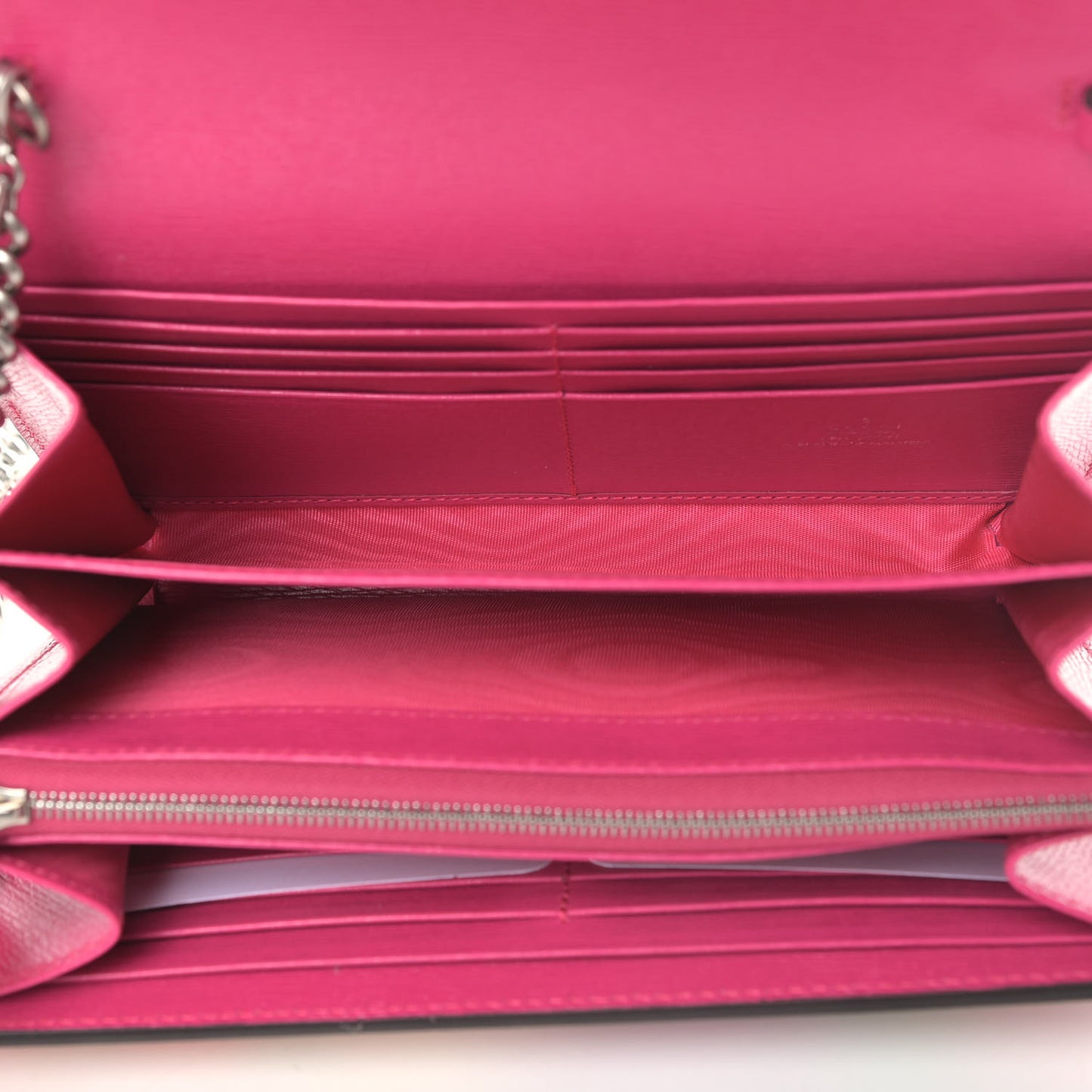 X KEN SCOTT Textured Calfskin Pomponica Print Mini Dionysus Chain Wallet Multicolor Fuxia Pompon